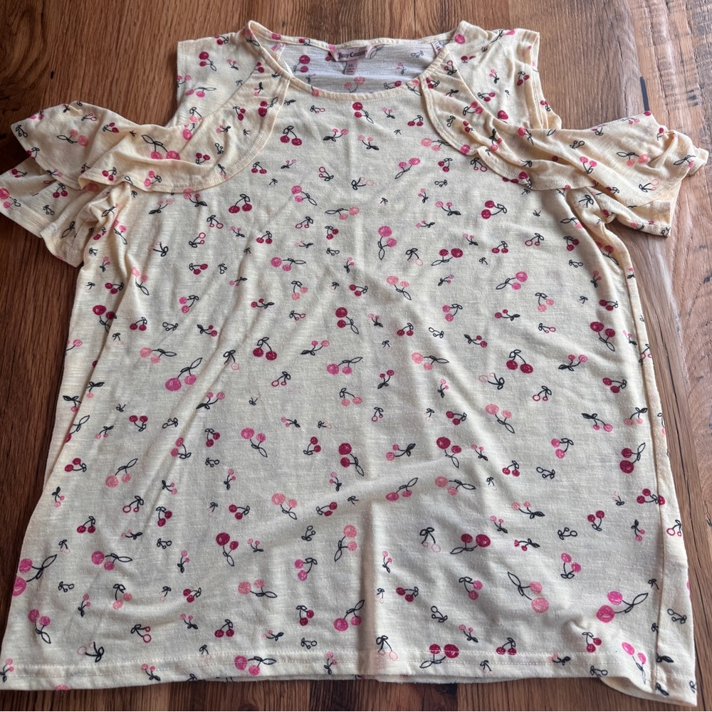 Juicy Couture Cherry Print Tee in Cream and Pink